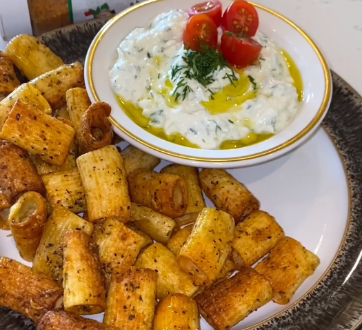 Crispy Parmesan Pasta Chips with Tzatziki Sauce
