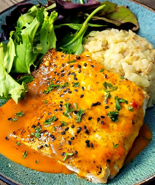 Mango Red Curry Salmon and Ginger Garlic Cauli Rice