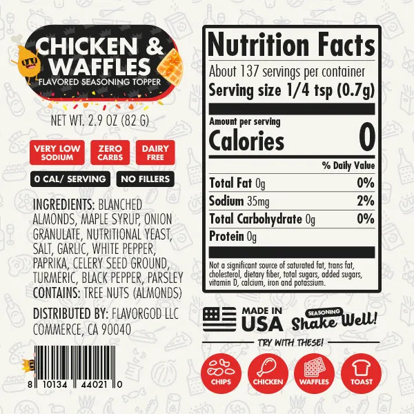 Nutrition label and ingredients for Chicken & Waffles Seasoning Toppers