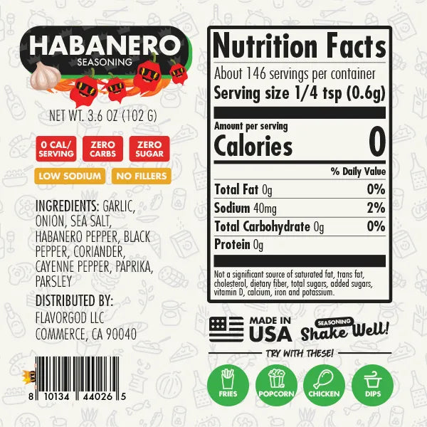 Nutrition label and ingredients for Habanero Seasoning