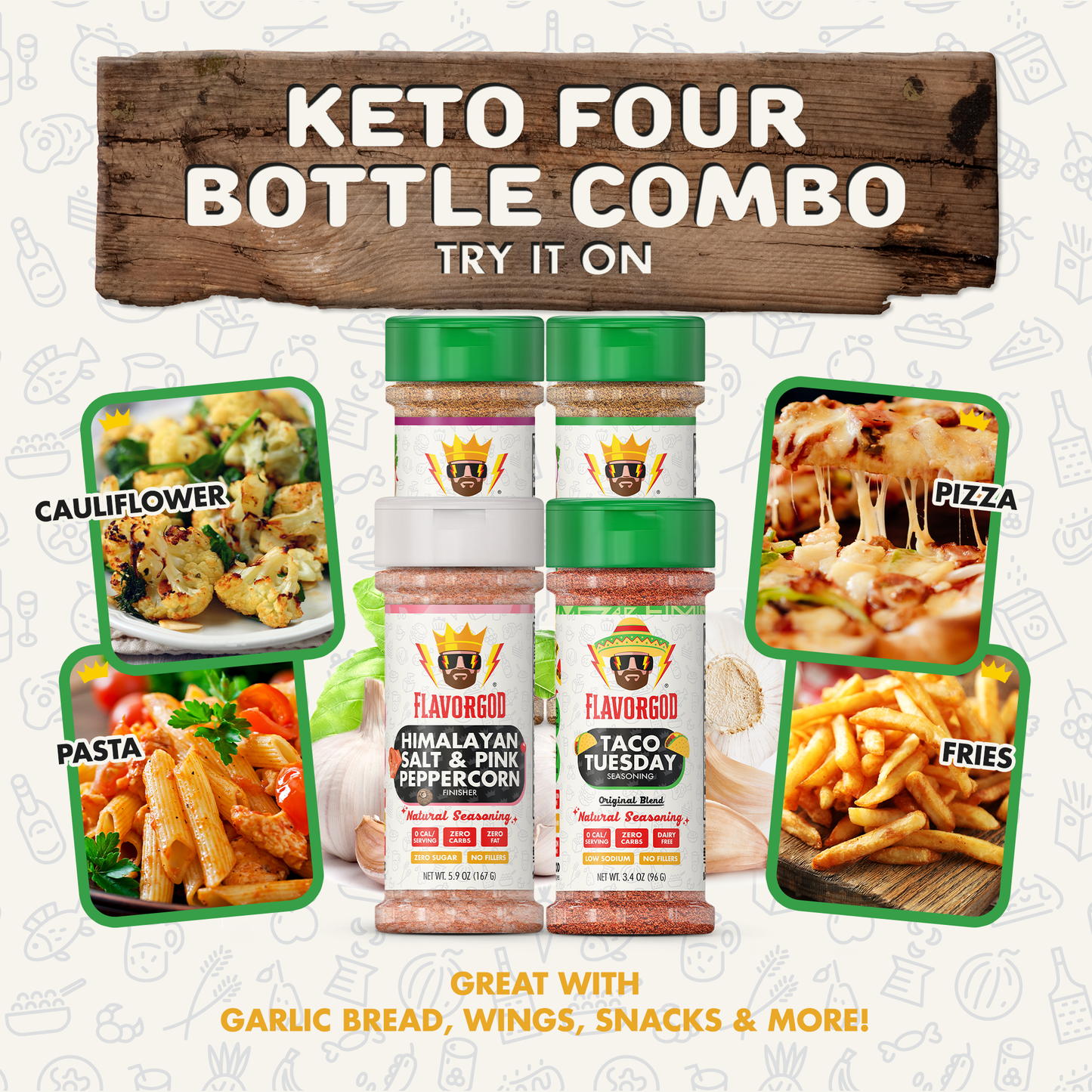 Keto Combo Herb, Spice & Seasoning Gift Pack Of 4, Everything, Garlic Lovers, Taco Tuesday, Himalayan Salt, Natural Healthy Spice Blend, Chicken, Beef, Seafood, Vegetable, BBQ, Steak Rub by FlavorGod - Flavor God