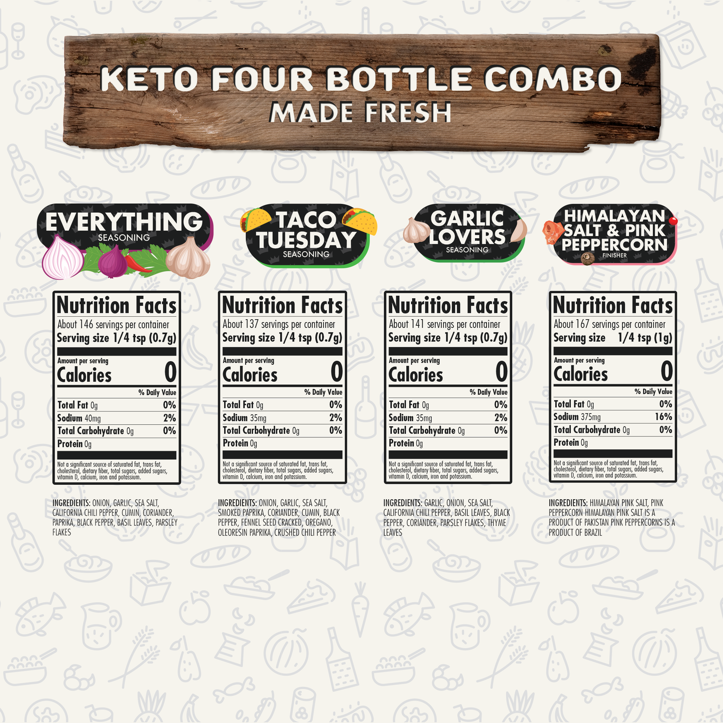 Keto Combo Herb, Spice & Seasoning Gift Pack Of 4, Everything, Garlic Lovers, Taco Tuesday, Himalayan Salt, Natural Healthy Spice Blend, Chicken, Beef, Seafood, Vegetable, BBQ, Steak Rub by FlavorGod - Flavor God