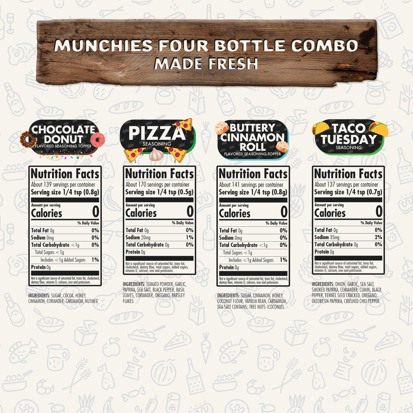 Munchies Combo Pack Of 4, Seasoning Gift Set, Taco Tuesday, Pizza, Buttery Cinnamon Roll, Chocolate Donut, Natural Healthy Spice Blend, Low Sodium Chicken, Beef, Seafood, Salad, Steak Rub by FlavorGod - Flavor God