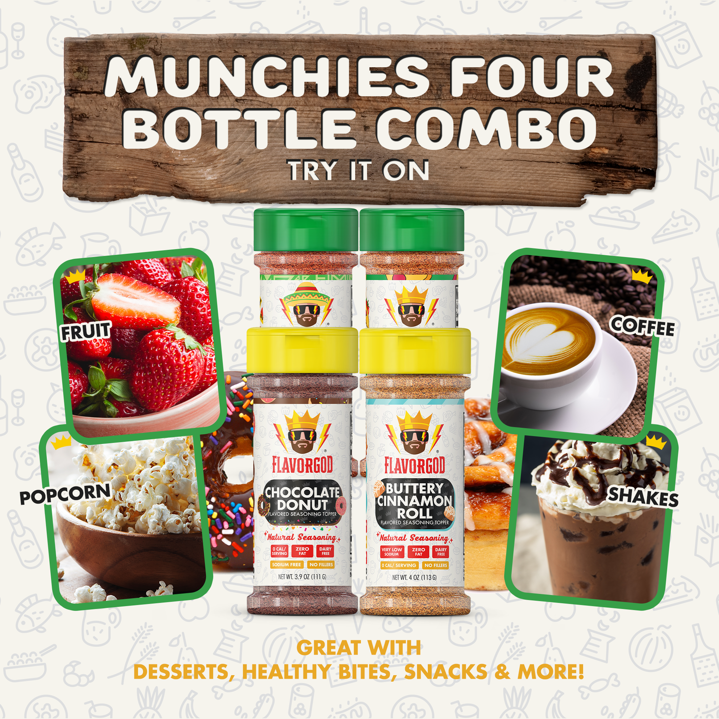 Munchies Combo Pack Of 4, Seasoning Gift Set, Taco Tuesday, Pizza, Buttery Cinnamon Roll, Chocolate Donut, Natural Healthy Spice Blend, Low Sodium Chicken, Beef, Seafood, Salad, Steak Rub by FlavorGod - Flavor God