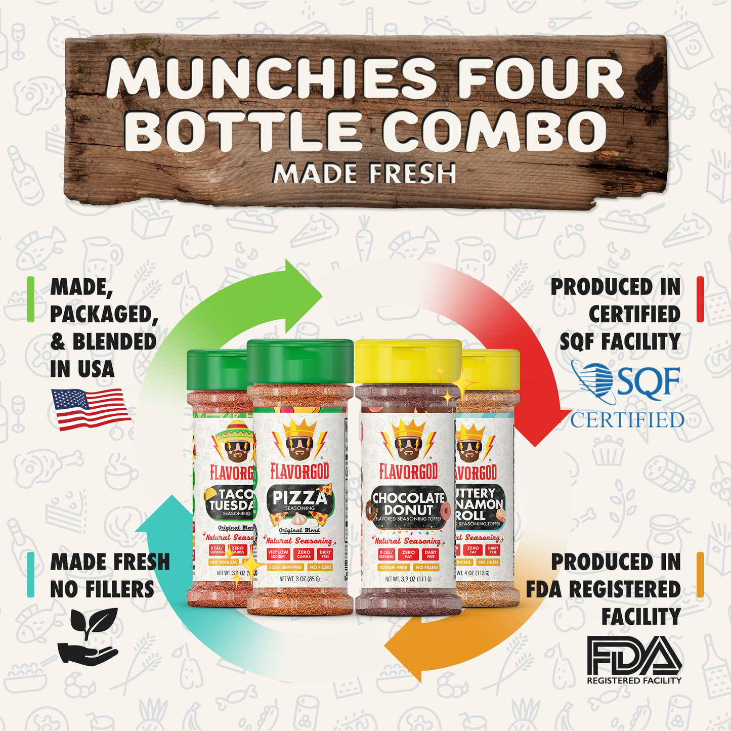 Munchies Combo Pack Of 4, Seasoning Gift Set, Taco Tuesday, Pizza, Buttery Cinnamon Roll, Chocolate Donut, Natural Healthy Spice Blend, Low Sodium Chicken, Beef, Seafood, Salad, Steak Rub by FlavorGod - Flavor God