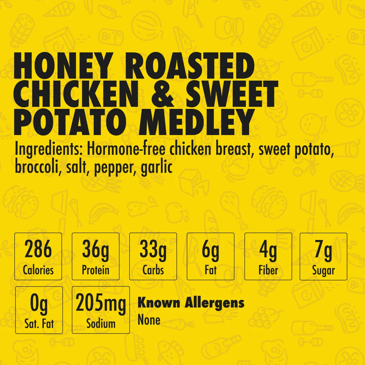Nutrition label and ingredients for Honey Roasted Chicken & Sweet Potato Medley