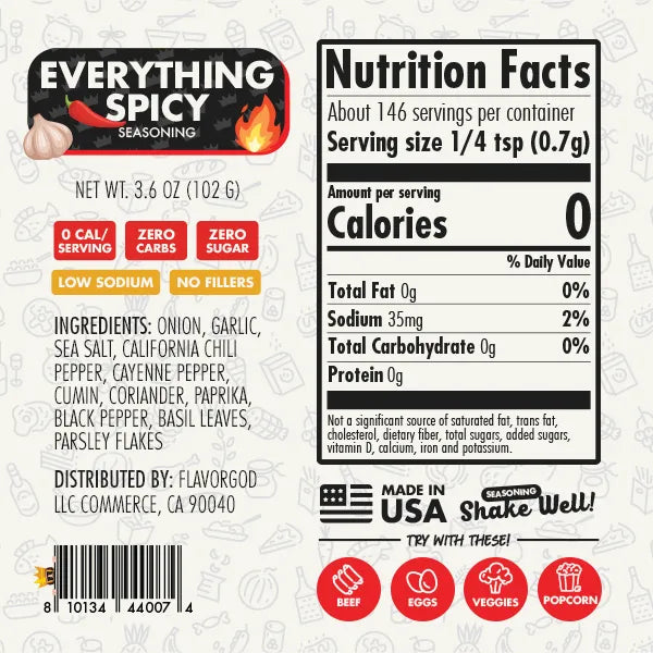 Nutrition label and ingredients for Chef Spice Pack + Storage Rack