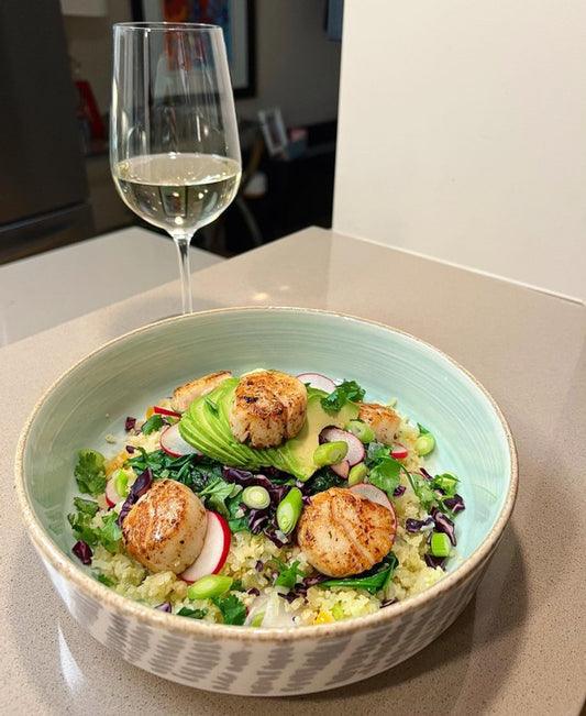 Scallops with Cauliflower Rice, Steamed Spinach, and Avocado