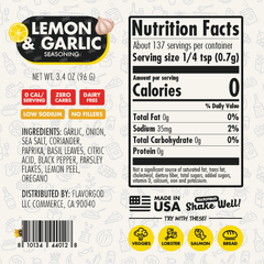 Nutrition label for Lemon & Garlic Seasoning