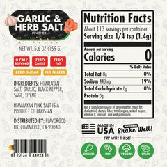 Nutrition label for Garlic & Herb Salt Finisher - July 4th Sale