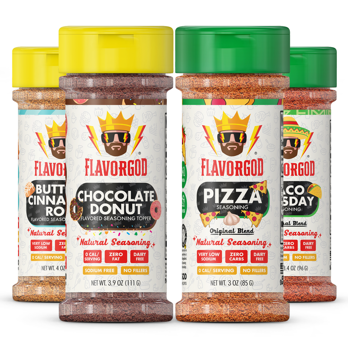 Munchies Combo Pack Of 4, Seasoning Gift Set, Taco Tuesday, Pizza, Buttery Cinnamon Roll, Chocolate Donut, Natural Healthy Spice Blend, Low Sodium Chicken, Beef, Seafood, Salad, Steak Rub by FlavorGod - Flavor God