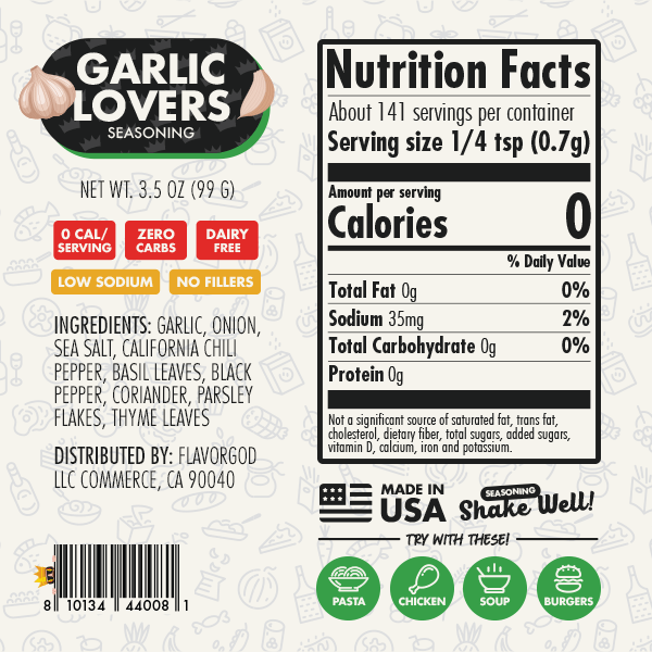 Nutrition label and ingredients for Garlic Lover's Seasoning (Team Savory)
