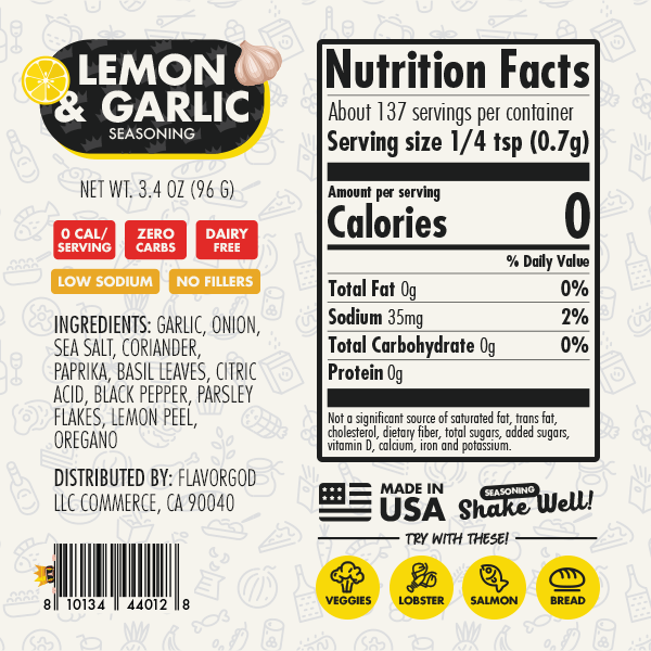 Nutrition label and ingredients for Lemon & Garlic Seasoning (Team Savory)