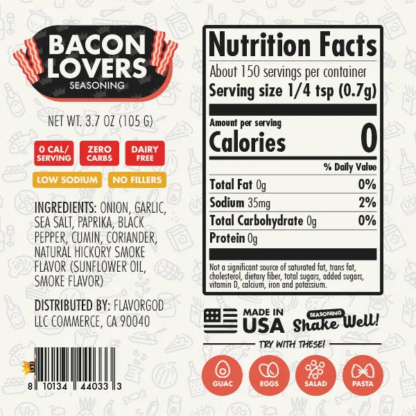 Nutrition label and ingredients for Bacon Lovers Seasoning