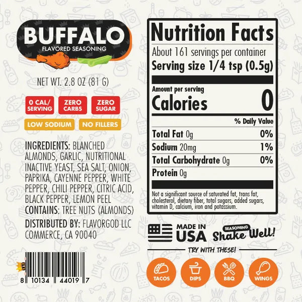 Nutrition label and ingredients for Buffalo Seasoning