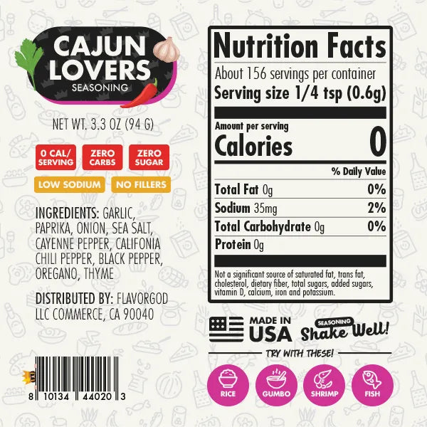 Nutrition label and ingredients for Cajun Lovers Seasoning