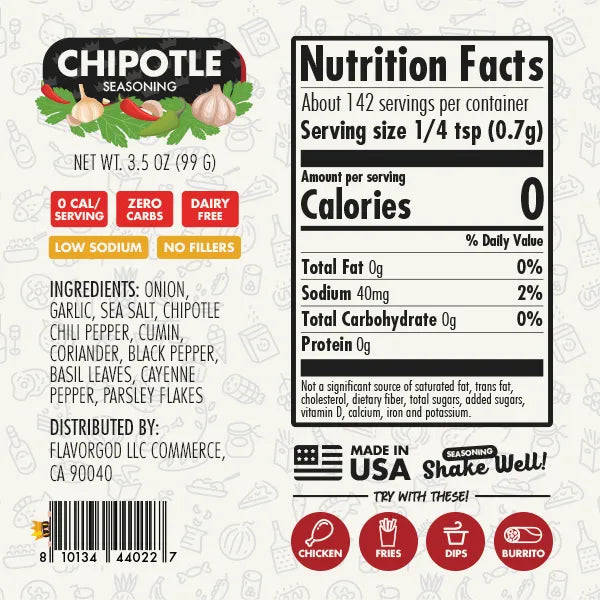 Nutrition label and ingredients for Chipotle Seasoning