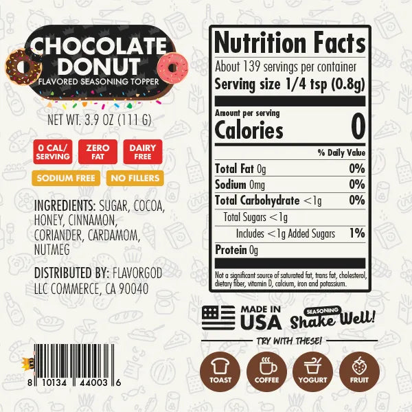 Nutrition label and ingredients for Chocolate Donut Topper