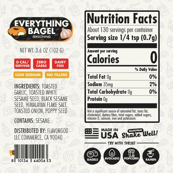 Nutrition label and ingredients for Everything Bagel Seasoning