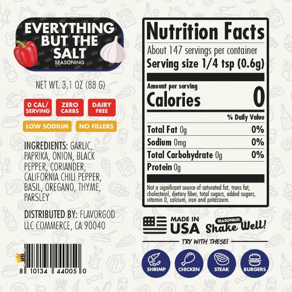 Nutrition label and ingredients for Everything But The Salt Seasoning