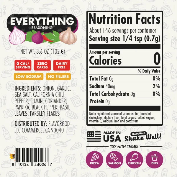 Nutrition label and ingredients for Everything Seasoning