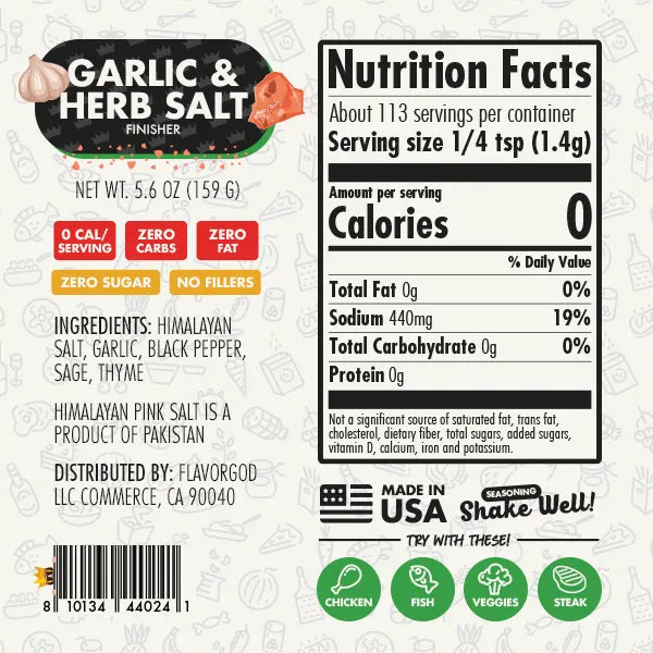 Nutrition label and ingredients for Garlic & Herb Salt Finisher