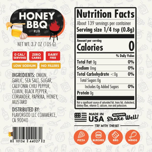 Nutrition label and ingredients for Honey BBQ Rub