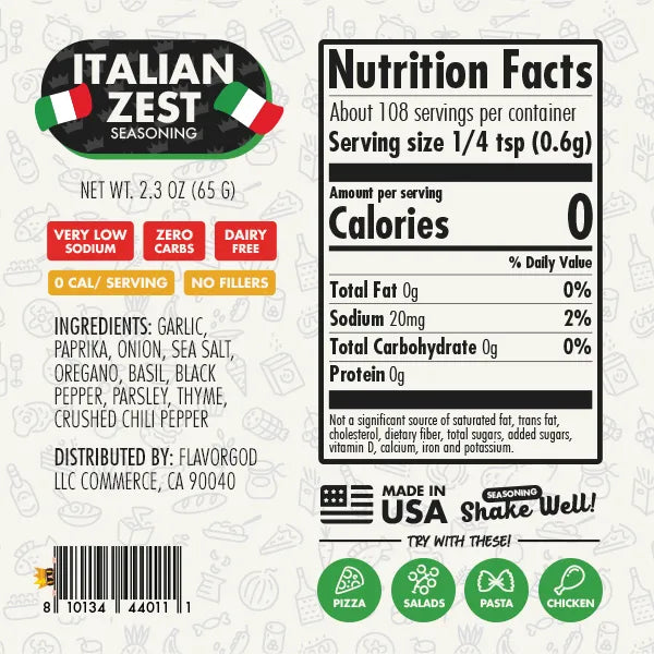Nutrition label and ingredients for Italian Zest Seasoning (Team Savory)