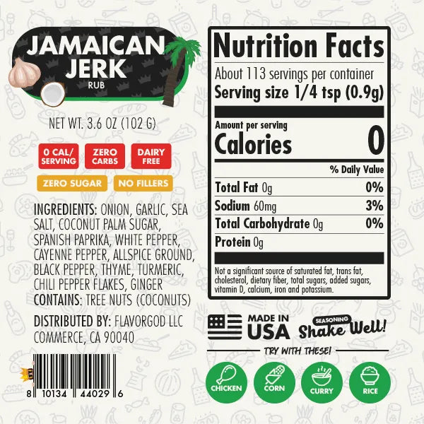 Nutrition label and ingredients for Jamaican Jerk Rub
