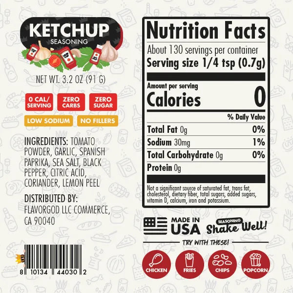Nutrition label and ingredients for Ketchup Seasoning