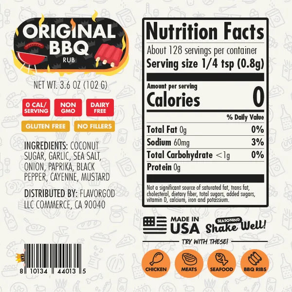 Nutrition label and ingredients for Original BBQ Rub