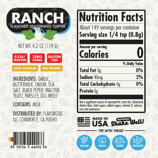 Nutrition label and ingredients for Ranch Topper