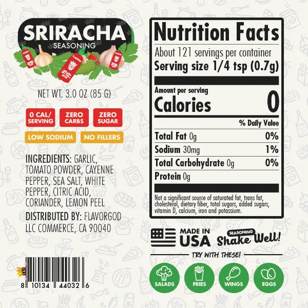 Nutrition label and ingredients for Sriracha Seasoning
