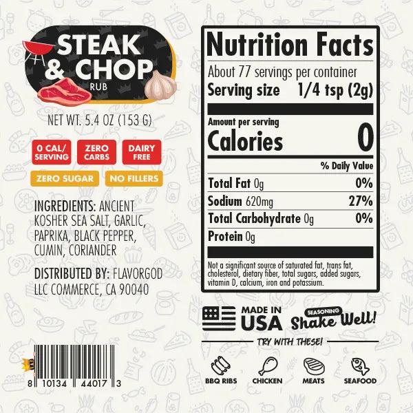 Nutrition label and ingredients for Steak & Chop Rub (Sale)