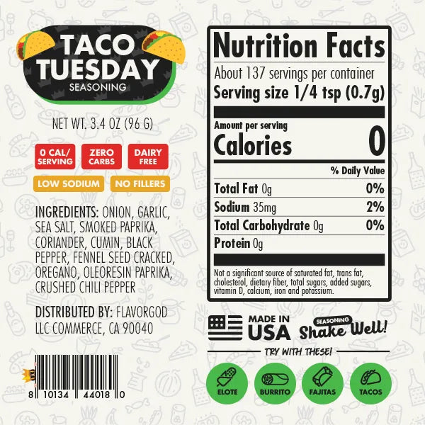 Nutrition label and ingredients for Taco Tuesday Seasoning